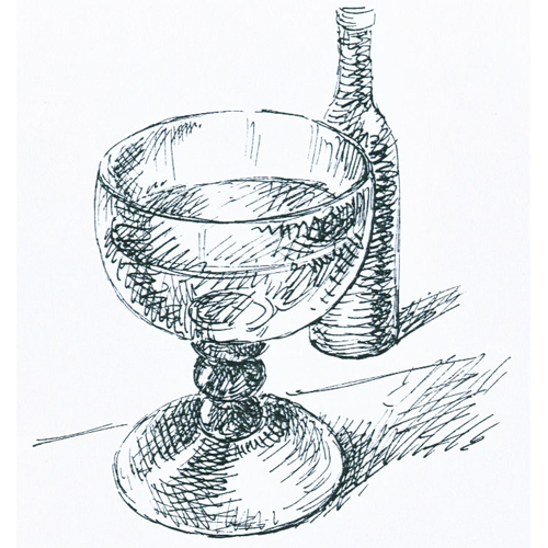Weinflasche mit Weinglas, Vignette für eine Getränkekarte
