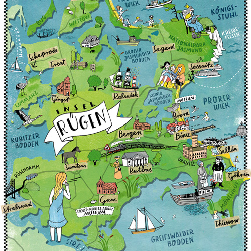 Illustrierte Karte der Insel Rügen mit Ostseebädern, Seebrücken und Sehenswürdigkeiten, für den Verlag Kunst und Bild, Illustrierte Landkarten