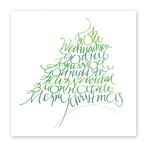 Frohe Weihnachten, God Jul..., quadratische Weihnachtskarten mit toller Schrift in Baumform