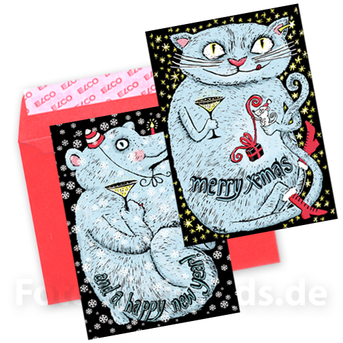 merry christmas... / ... and a happy new year! Set aus zwei Postkarten: eine für Weihnachten mit Katze, eine für Neujahr mit Bär