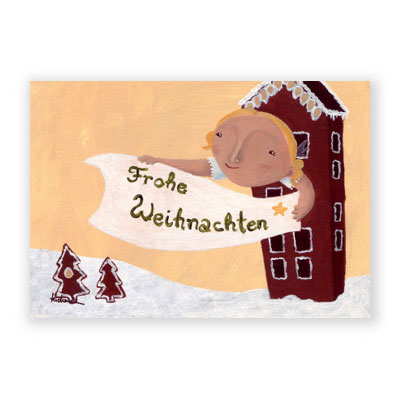 Frohe Weihnachten, gemalte Weihnachtskarten mit Häusern und Geschenken