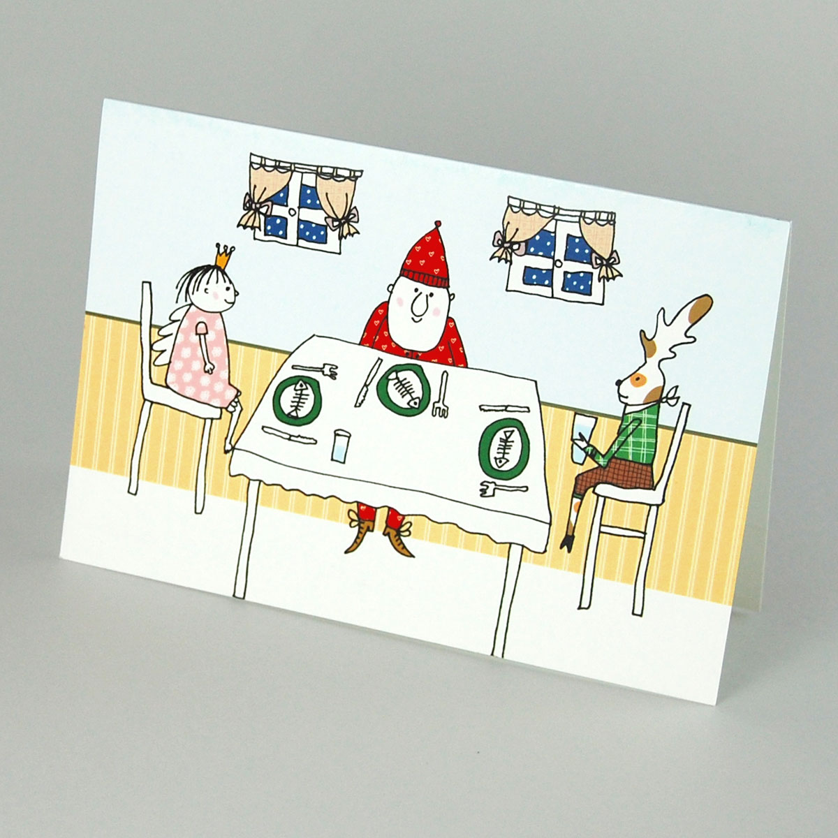 Weihnachtsmann mit Engel und Elch beim Essen, Weihnachtskarte