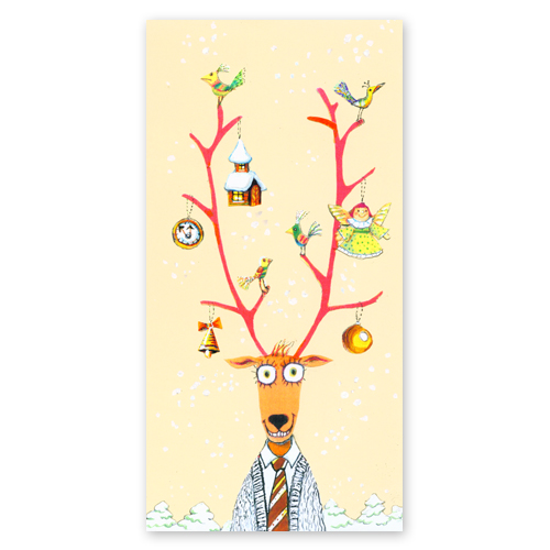Hirsch mit weihnachtlich geschmücktem Geweih, illustrierte Weihnachtskarten