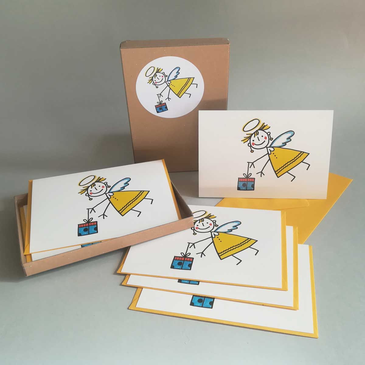 Engel mit Geschenk, Weihnachtskarten in einer wiederverwendbaren Geschenkebox