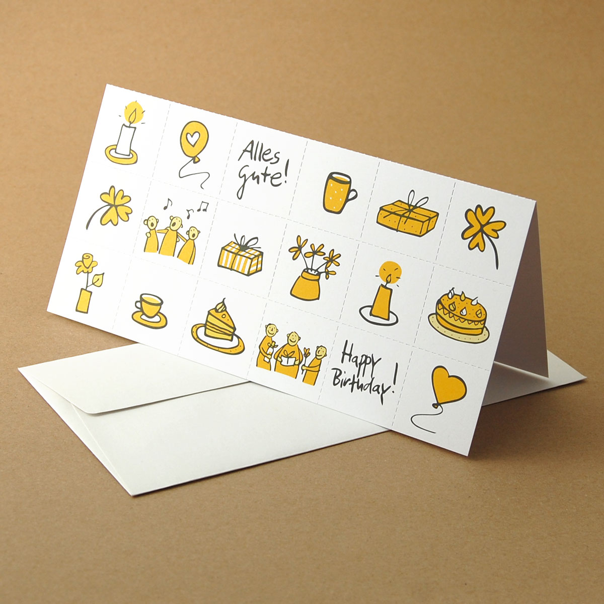 Happy Birthday! Alles Gute! Recycling-Glückwunschkarten mit Recyclingumschlägen