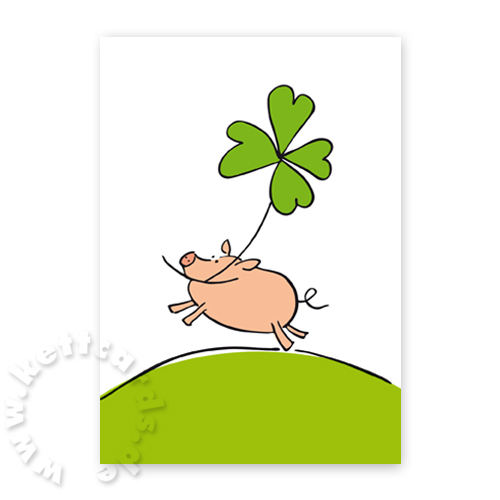 Glückwunschkarten mit springendem Schwein auf einer grünen Wiese und Glücksklee im Maul