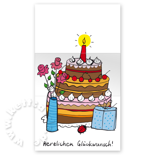 Glückwunschkarten mit Torte, Blumen, Geschenk und ein Glückskäfer