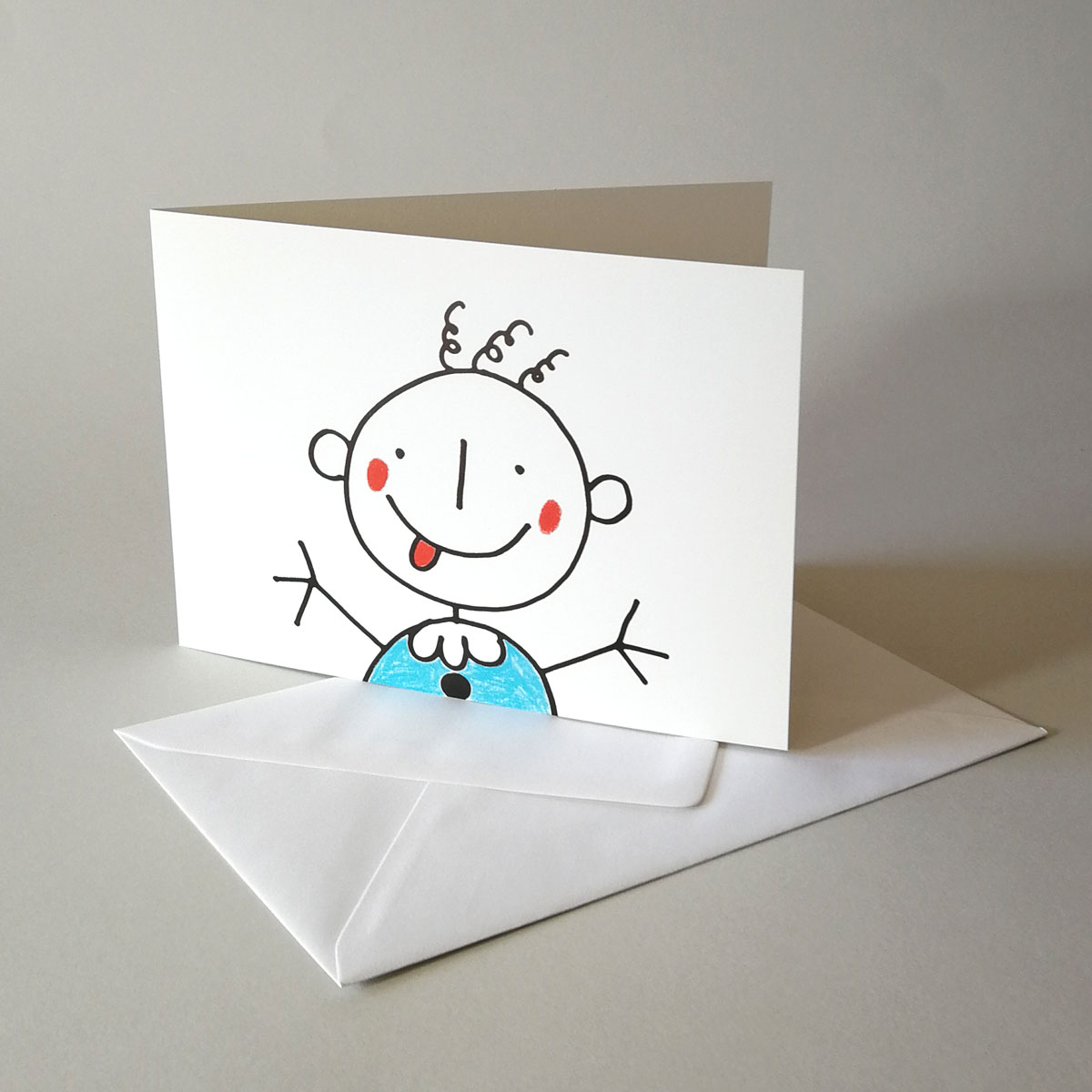 Baby mit blauem Body, fröhliche Glückwunschkarten mit Umschlag
