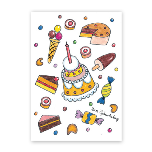 Süßkram, bunte Glückwunschkarten mit Torte, Kuchen, Eis und Bonbons
