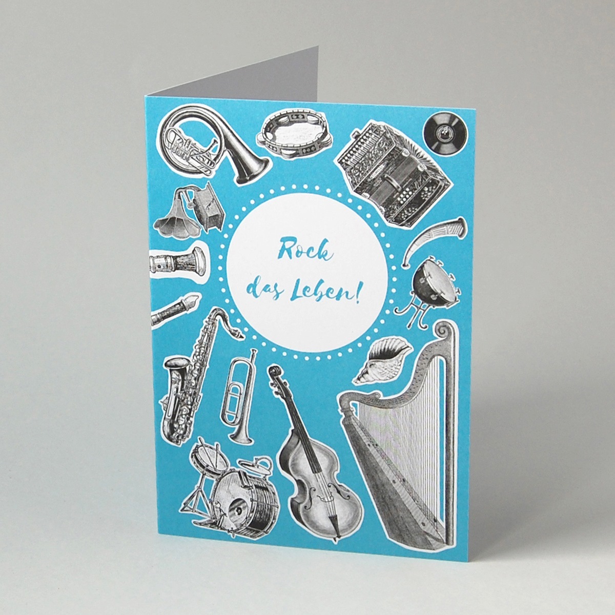Rock das Leben! Blaue Glückwunschkarten mit Musikinstrumenten