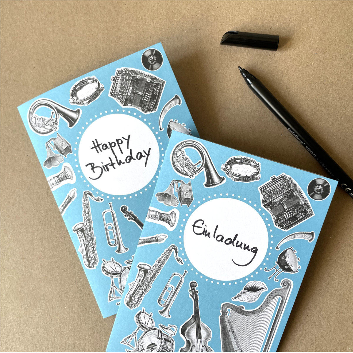 Einladung - Happy Birthday: Karten mit Musikinstrumenten