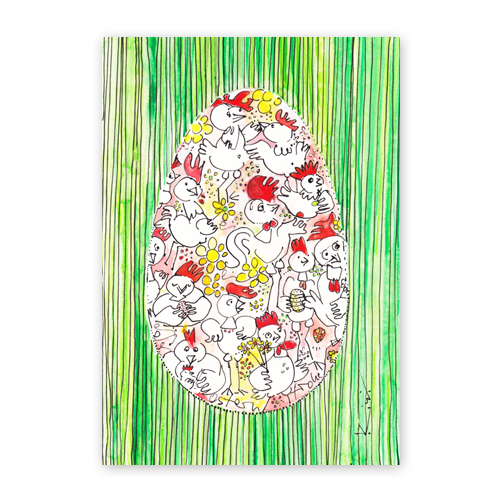 Osterei mit vielen Hühnern, gezeichnete Osterkarten