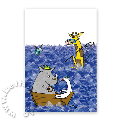 Giraffe, Nashorn, Schwan auf hoher See, witzige Grußkarten