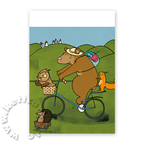 Bär, Eichhörnchen, Eule und Igel beim Radausflug, witzige Grußkarten