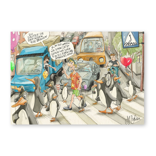 Pinguine am Zebrastreifen, witzige Grußkarten