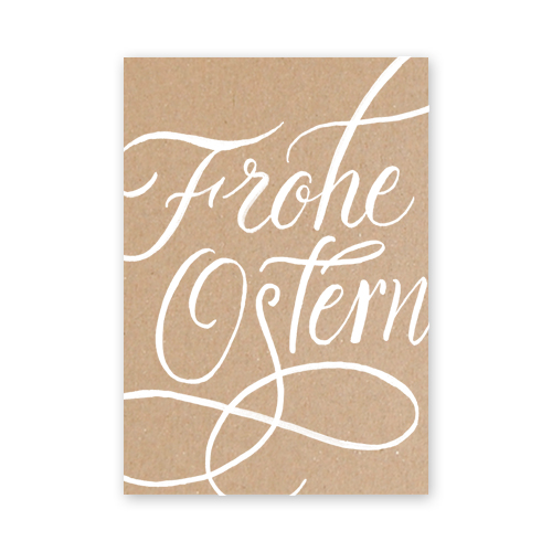 Frohe Ostern, braune Recycling-Osterkarten mit weiß gedruckter schwungvoller Kalligrafie