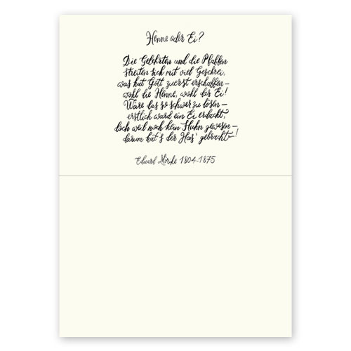 Henne oder Ei? Osterkarte mit Gedicht Eduard Mörikes geschrieben in schwungvoller Kalligrafie