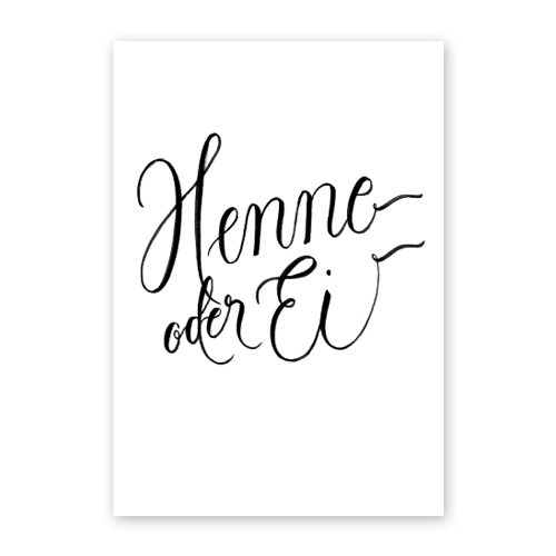 Osterkarten mit schwarzem Schriftzug: Henne oder Ei