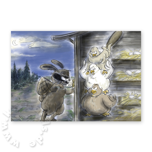 Hase bricht im Hühnerhaus ein, Cartoon-Osterkarten