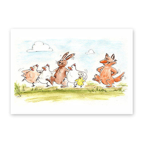 Osterparade: Hase mit Hühnern, Küken und verkleidetem Fuchs marschieren, witzige Osterpostkarten