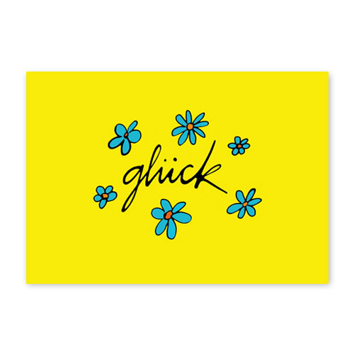 glück, gelbe Glückwunschkarten mit Blumen und schwungvollem Schriftzug