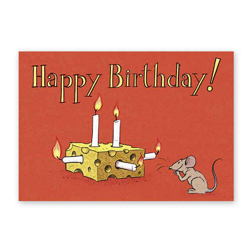 Happy Birthday!, Glückwunschkarten mit Maus, Käse und Kerzen