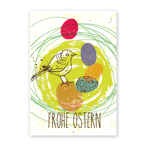 Frohe Ostern (Vogel und Ostereier), gezeichnete Osterkarten