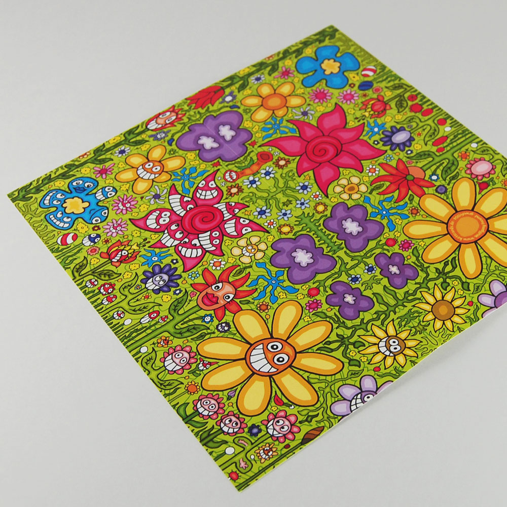 Hippie-Style - Cartoonkarten - Wimmelbild und Street-Art in der Natur: lachende Blumen, Karten im Hippie-Style