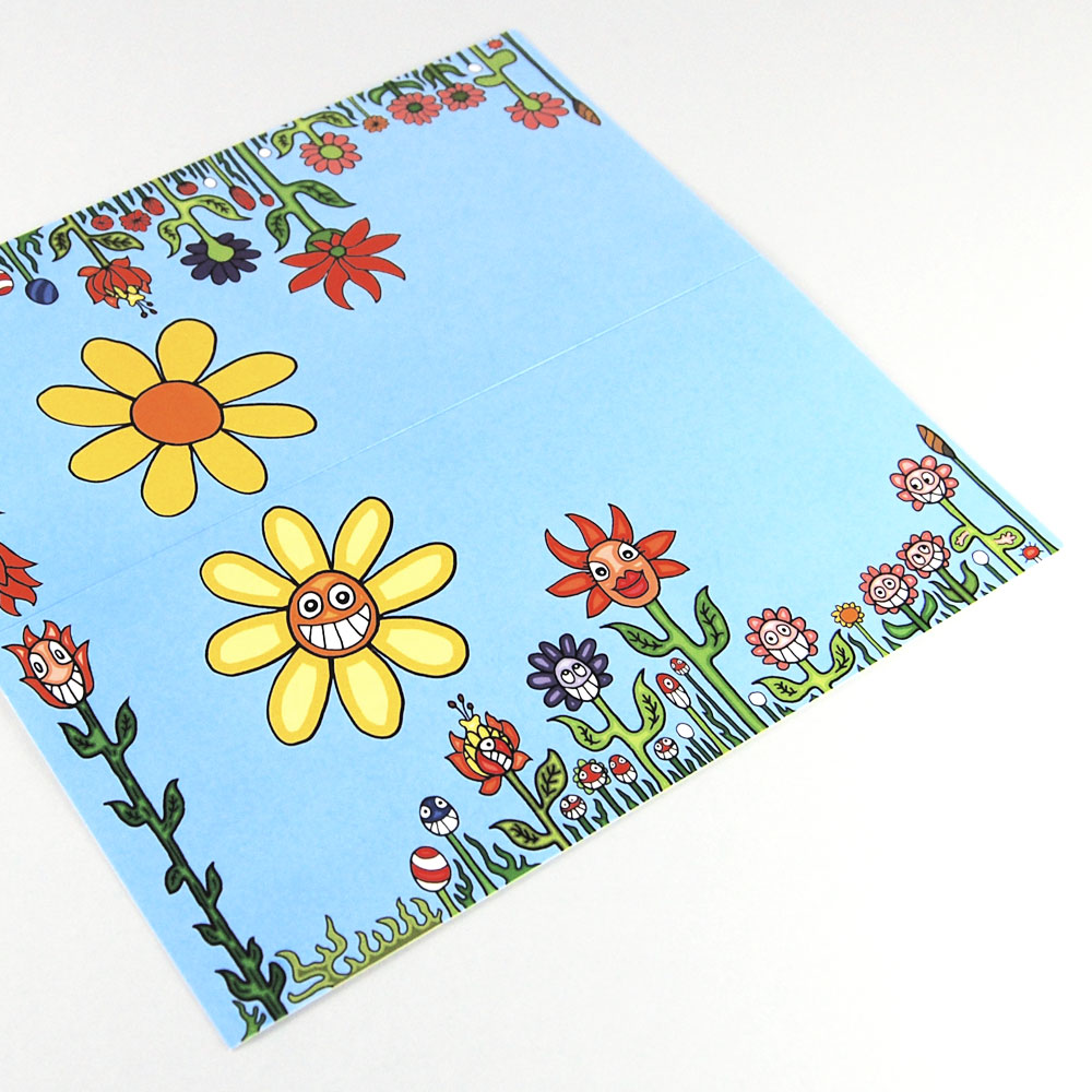witzige Cartoon-Karten mit Blumenwiese, beide Seiten