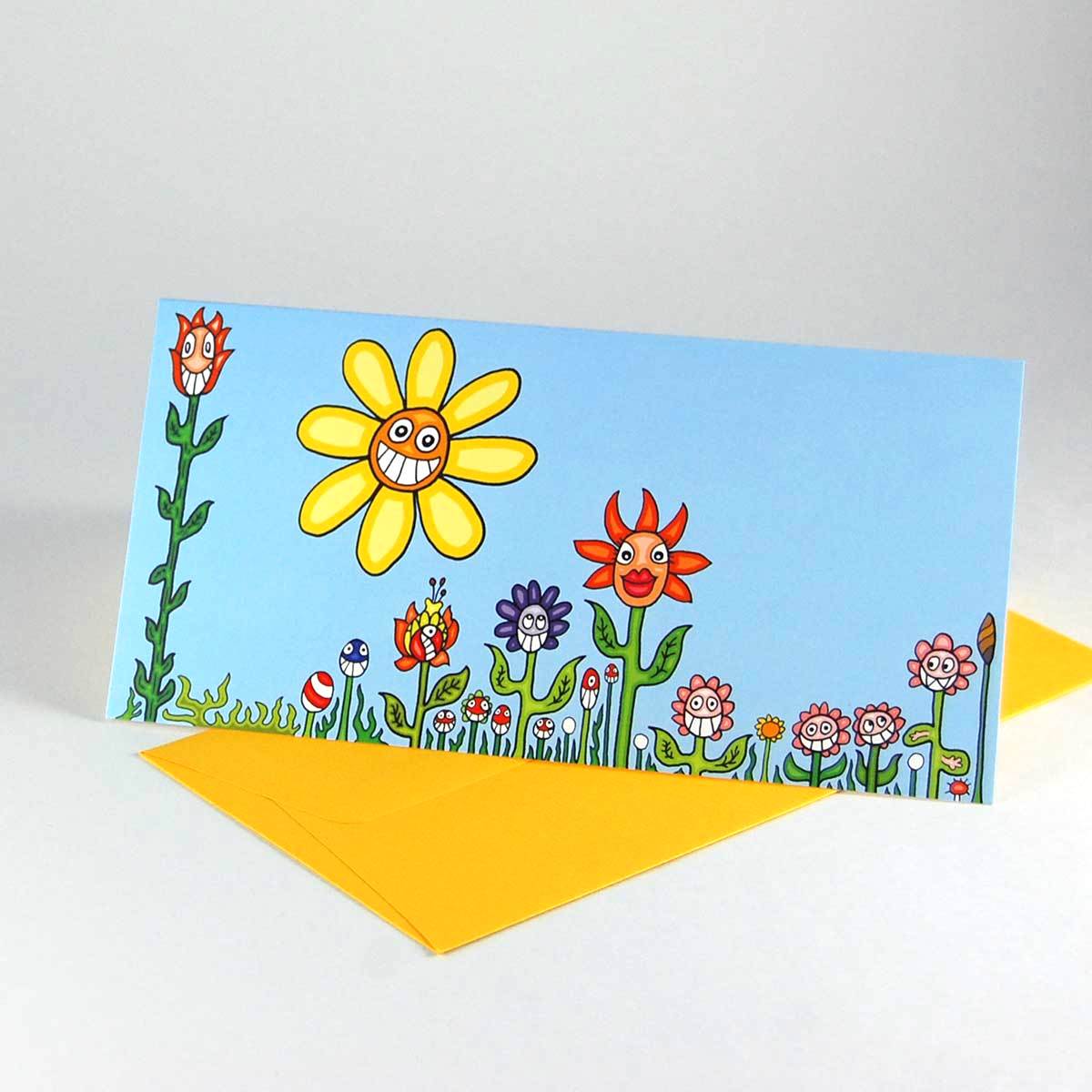 witzige Cartoon-Karten mit Blumenwiese und farbigen Umschlägen