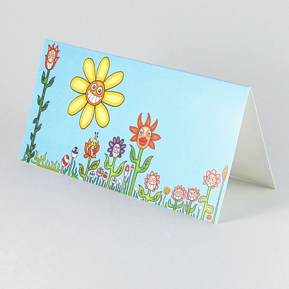 knallbunte Cartoonkarten, Blumen und Sonne lachen