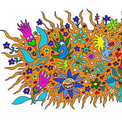 Cartoon-Grußkarten mit buntem, lebendem Blumenmeer