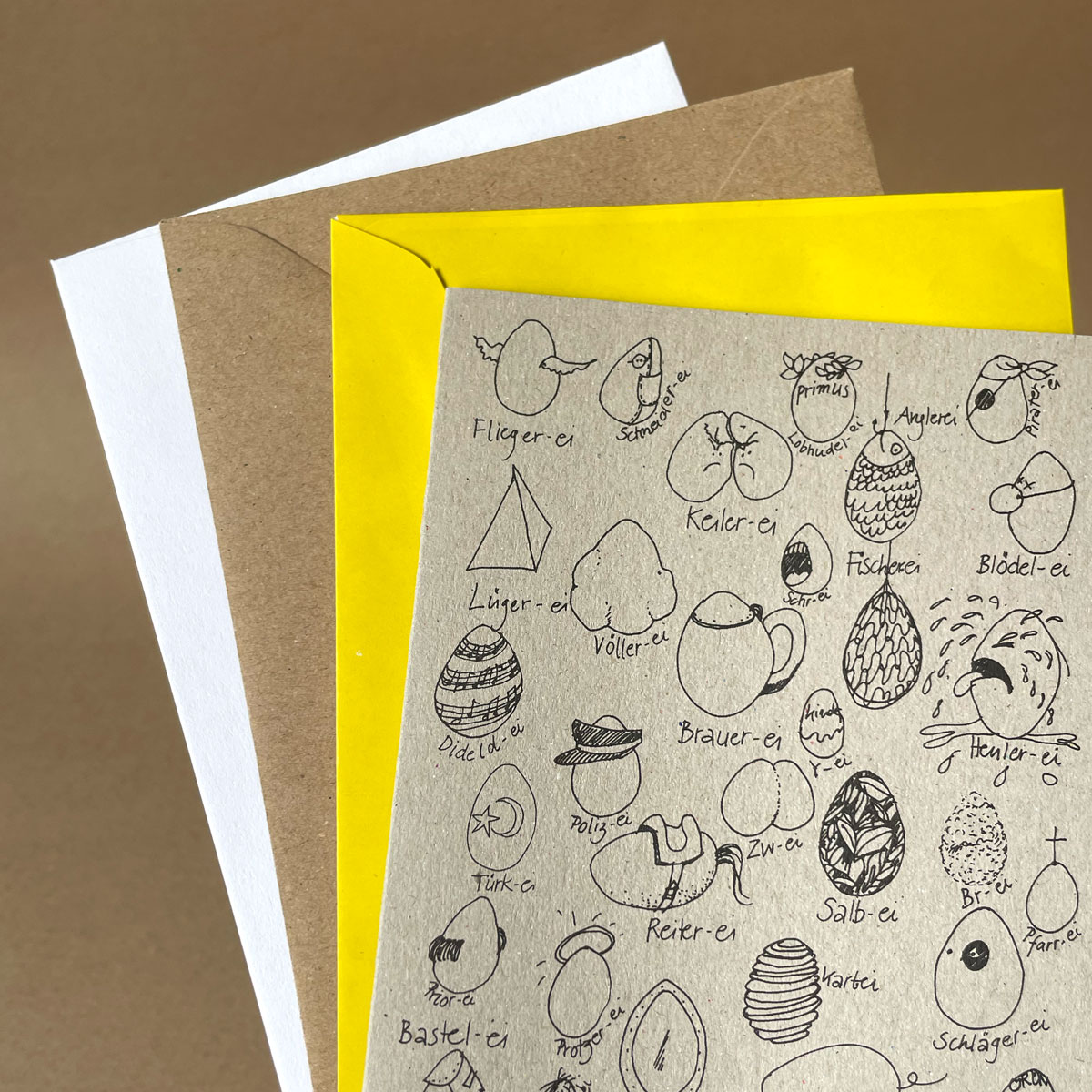 Fischerei, Fliegerei, L&uuml;gerei, Brauerei, Reiterei, T&uuml;rkei, Osterkarten mit Wortspielereien