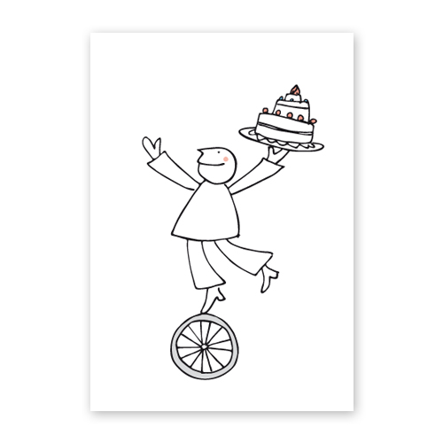 Einradfahrer mit Torte, schicke Menükarten für die Hochzeitsfeier