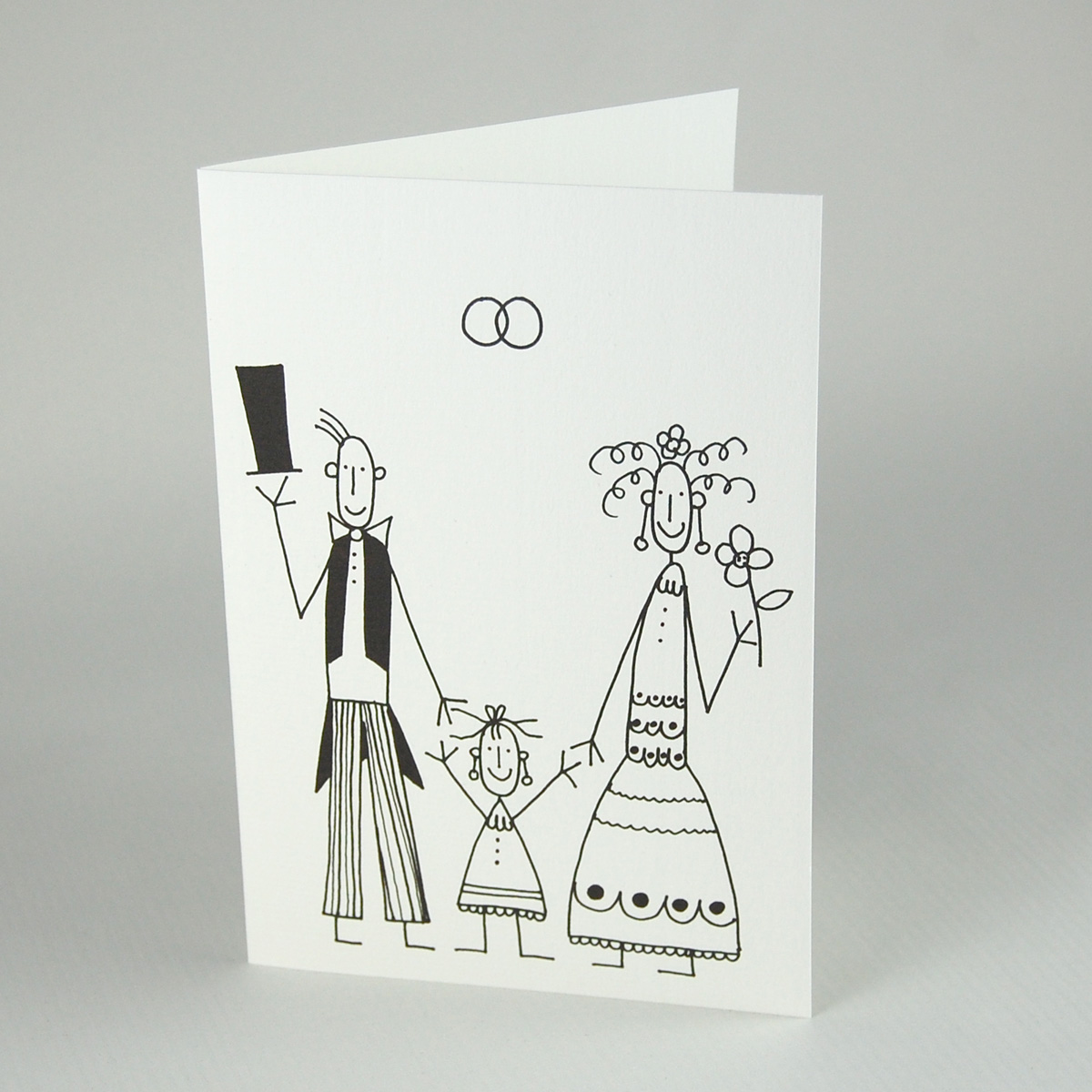 Vater, Mutter, Kind. Einladungskarten für eine Hochzeit mit Kind, Traufe