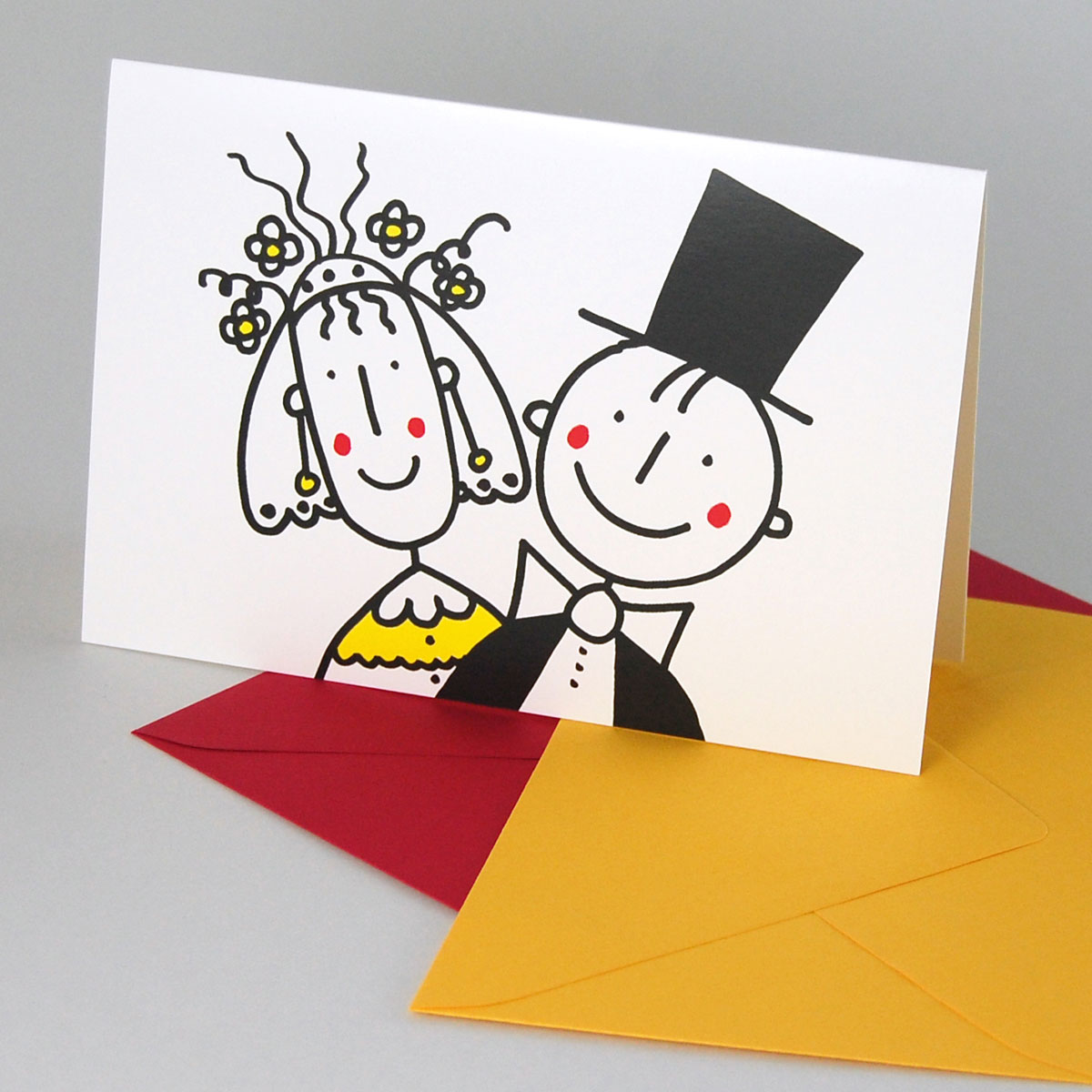 Braut und Bräutigam, bunte, fröhliche Hochzeitseinladungen