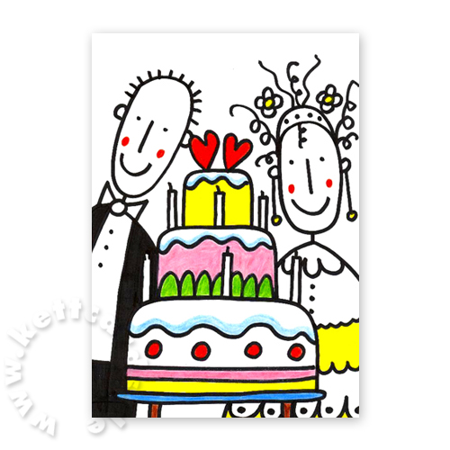 Brautpaar mit Torte, farbenfrohe Hochzeitskarten