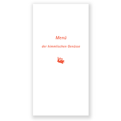 Menü der himmlischen Genüsse. freche Menükarten für die Hochzeitsfeier mit Engelchen und Teufelchen