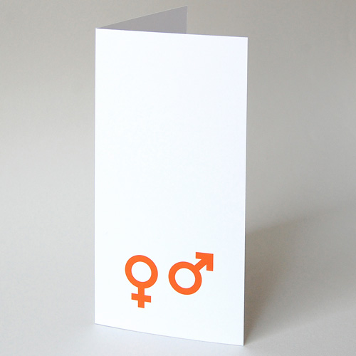 minimalistische Menü- und Einladungskarten mit den Zeichen für Mann und Frau, oranger Druck