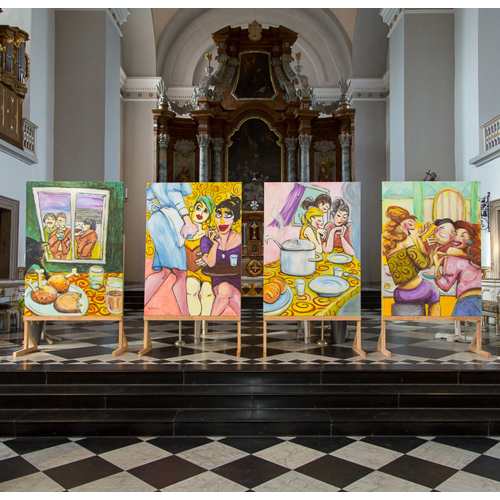 ABENDESSEN, Ein Projekt mit der katholischen Citykirche Wuppertal, zum Wert des gemeinsamen Essens - während der Fastenzeit, großformatige Malerei und Gestaltung