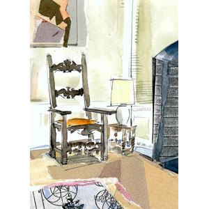Zimmer in Florenz, Aquarell mit Collage