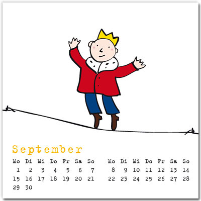 September, Kalenderblatt mit Hochseillaufendem König, Kalendereditionen