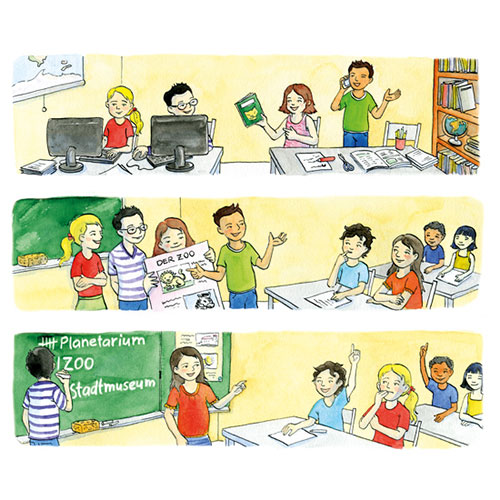 Kinder in der Schule: am Laptop, an der Tafel, beim Zeitunglesen - Illustrationen für den Klett-Schulbuchverlag