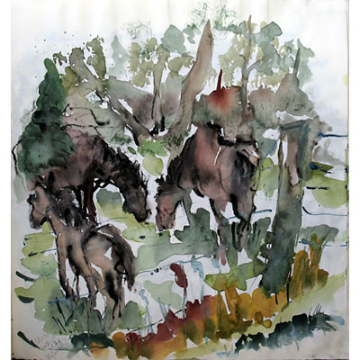 Pferde auf der Weide, Aquarell