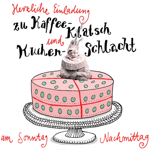 Kaffeeklatsch und Kuchenschlacht, Einladung handgelettert und illustriert