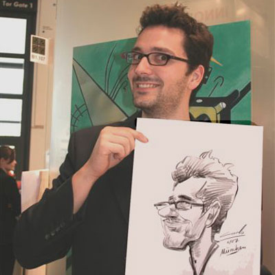 Karikatur eines Mannes mit Hornbrille, Schnellzeichner und Karikaturist für Veranstaltungen