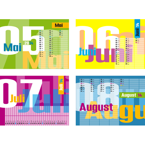 Die Kalenderblätter für Mai, Juni, Juli und August, typografischer Kalender