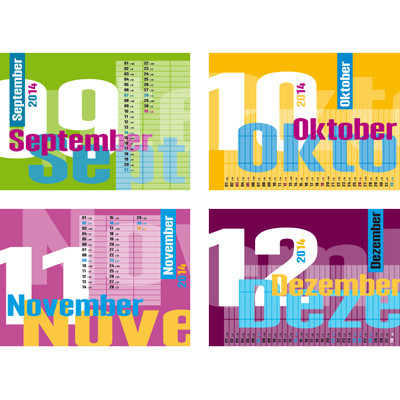September, Oktober, November, Dezember - die letzten vier Seiten des Kalenders, typografischer Kalender