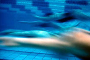 swarm l, Mono-Flossenschwimmer, aufgenommen bei den Deutschen Meisterschaften in Leipzig und Rostock, 80 x 200 cm, Cibachrome unter Glas und als Projektion
