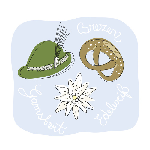 Gamsbart, Brezen, Edelweiß - urbayerische Werte, Handzeichnung digital koloriert in Illustrator